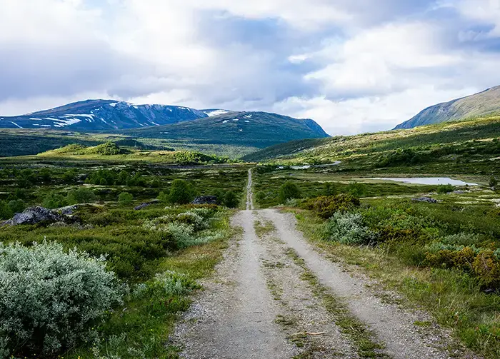 Bild einer Schotterpiste, die mitten in eine unberührte Landschaft führt Bild einer Schotterpiste, die mitten in eine unberührte Landschaft führt